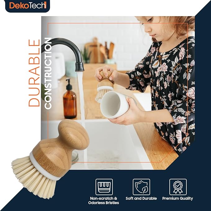 Dekotech Premium Bamboo Dish Scrub Brush Eco-Friendly & Heavy-Duty Kitchen Cleaning Tool with Durable Natural Bristles, Ergonomic Wooden Handle for Effortless Dishwashing & Surface Scrubbing