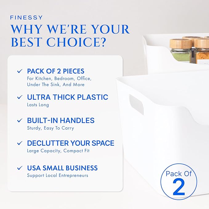 FINESSY White Plastic Storage Bins for Shelves, Small Closet Kitchen Storage Containers for Pantry Bathroom Office Organization Baskets, Cabinet Organizing Containers, White Organizer Bins for Shelves