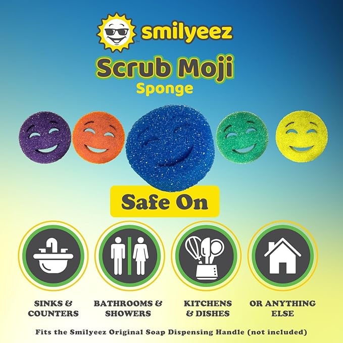 The Original Scrub Moji Scrubbing Sponge by Smilyeez (Set of 3) - Blue - Temperature-Responsive Polymer Foam, Stain and Odor Resistant, Ideal for Kitchen and Bathroom Cleaning