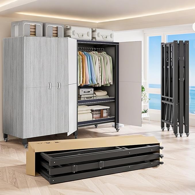 Heavy Duty Covered Clothes Rack with Magnetic Door Foldable Portable Wardrobe Closet for Hanging Clothing Rolling Black Metal Garment Rack on Wheels Closet System (Gray, 58.9in)
