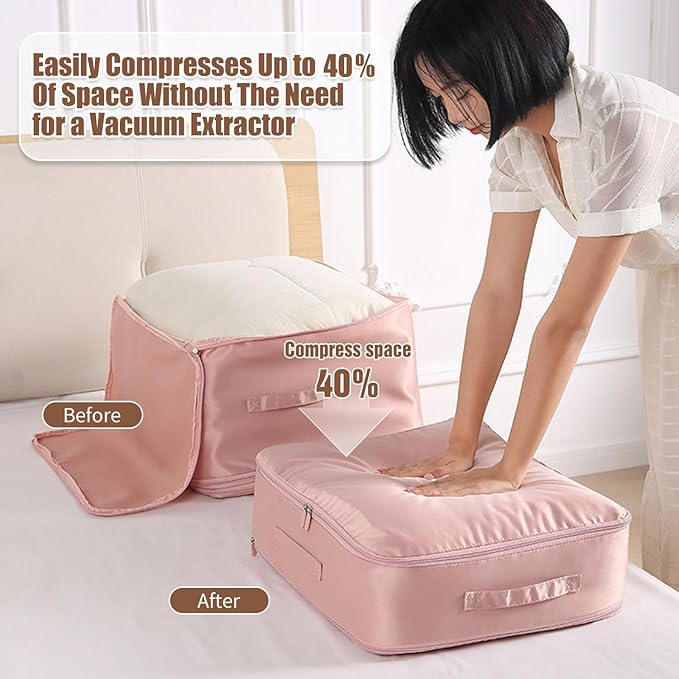 Ultra Space Saving Self Compression Organizer, Upgraded Space Saving Self Compression Organizer Space Bags, Premium Comforter Packaging Cube Bedding Storage Bag (Pink, X-Large 54×42×60cm)