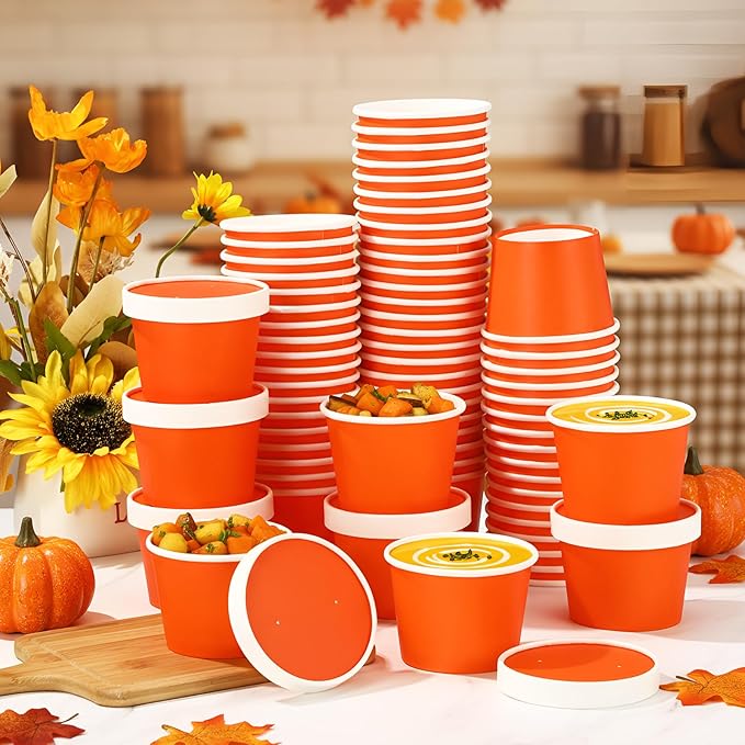 Fulmoon 100 Pack Paper Soup Containers with Lids Disposable Paper Food Containers with Vented Lids Kraft Ice Cream Bowls Soup Cup Ice Cream Cups for Restaurants (8 oz,Orange)
