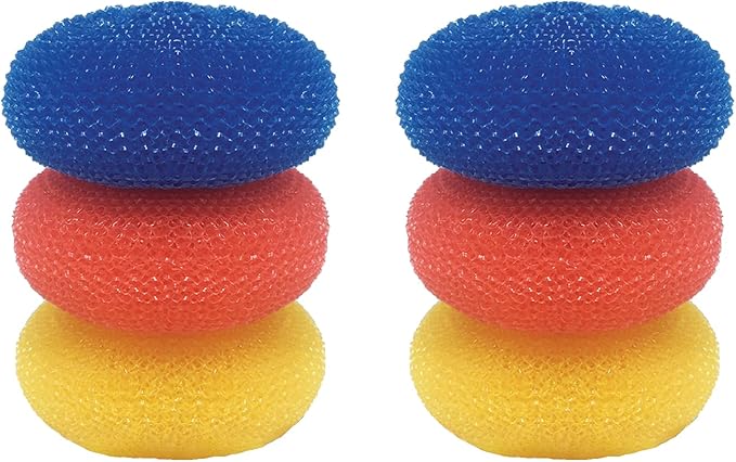 LOLA Jumbo 4" Plastic Mesh Scouring Pads, 6 Pack, Non-Scratch, Great for Pots, Dishwashing, Sinks, Appliances, Assorted Colors