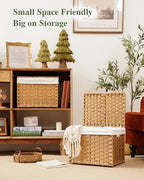 Storage Basket with Lid Woven Wicker Baskets with 2 Separate Lid, 9.2 Gallon (35 L) Wicker Storage Bins with Handles, Foldable and 2 Removable Liner Bags for Bedroom, Laundry Room Natural