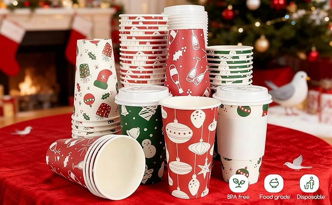 Christmas To Go Coffee Cups with Lids 16 oz Insulated Cups, 100 Packs Hot Cup for Chocolate/Coffee/Tea/Water/Juice, Coffee Bar Accessories with Lid & Sleeve, Christmas Cups Disposable Supplies