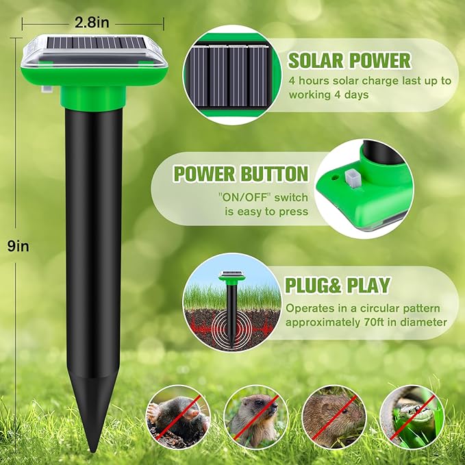 Solar Mole Repellent, Ultrasonic Gopher Repeller Outdoor, Solar Powered Waterproof Snake Repellent Deterrent Gopher Vole Snake Pest and Other Animals from Lawn Garden Yard Home(LightGreen, 6 Packs)