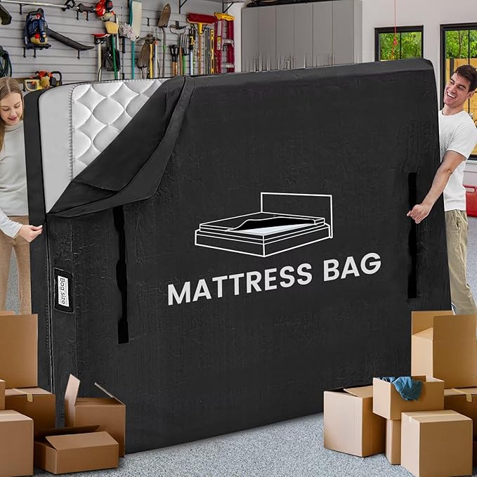 Mattress Bags for Moving and Storage, BETU Waterproof Mattress Protector Mattress Cover California King with 8 Heavy Duty Handles & Zipper Extra Thick Moving Supplies for Bed (86x75x13.5 Black)