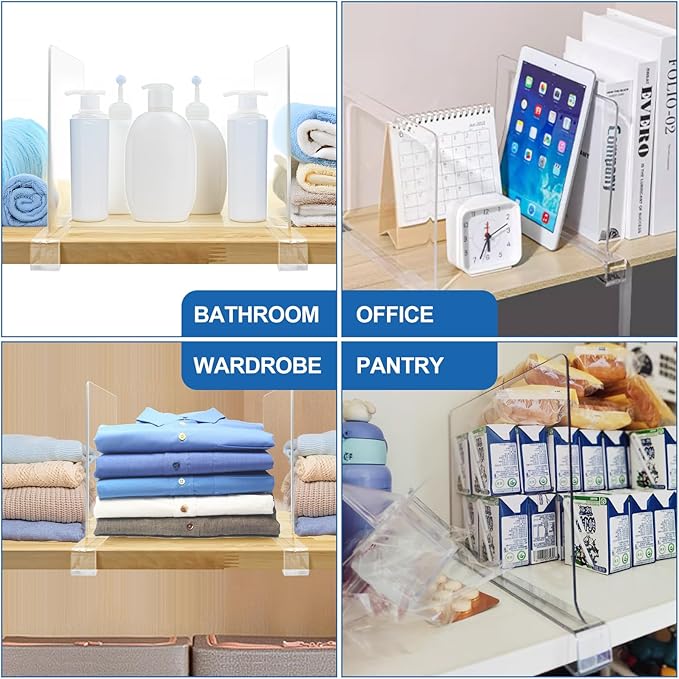 12 Pack Acrylic Shelf Dividers,Clear Acrylic Divider for Clothes/Purses,Wood Shelf Closet Separators,Shelf Divider Closet Organizer,Shelf Separators in Bedroom Kitchen Office Cabinets Storage