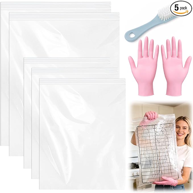Juome Oven Rack Cleaning Bags, 5 Pack Reusable No Scrub Oven Rack Cleaning Bags Kit with 6 Gloves & 1 Brush, Leak Proof PE Bags (23.6*35.4inch & 31.5*39.4inch) for Deep Soaking BBQ Racks, Grill Grates