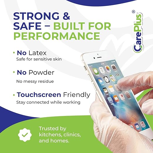 CARE PLUS Vinyl Gloves Clear Extra Large Size 1000 Count | Heavy Duty, Non-Sterile, Powder-Free, Latex-Free Rubber | Food Prep, Kitchen & Cleaning Gloves, Ideal for Professional Use