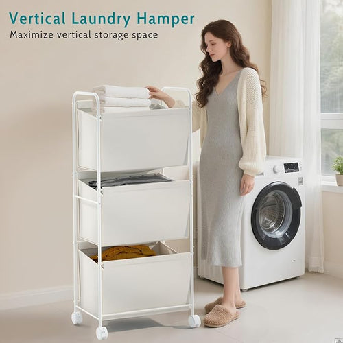 125L Vertical Laundry Hamper with Wheels, 3 Section Large Rolling Laundry Sorter with Detachable Inners, Metal Clothes Hamper Laundry Baskets Organizer for Bathroom, Bedroom, Dorm (Beige)