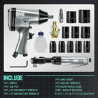 DNA MOTORING 17 Pcs Air Tool Kit 1/2-Inch Pneumatic Air Impact & Ratchet Wrench Kit Torque Wrench for Repairs, w/Case, Sliver/Black, TOOLS-00530