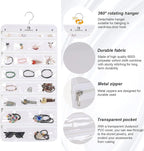 Hanging Jewelry Organizer with 50 Transparent Pockets, 360° Rotating Hanger & Secure Zipper Closure - Foldable Double Sided Jewelry Storage Bag for Earrings, Rings, Necklaces, Bracelets (White)