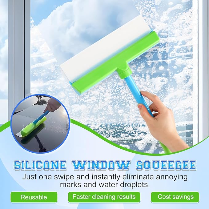 Recyclable Silicone Window Squeegee Kit,Glass Cleaning Tools,Multifunctional Silicone Window Squeegee Cleaner Kit & Microfiber Scrubber for Shower Glass Mirror Door Car