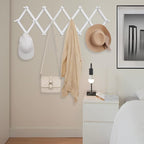 SCUNDA Accordion Wall Hanger with 16 Hooks, Wooden Coffee Mug Rack for Wall, Expandable Accordion Hook Rack Wall Mounted for Mug, Tea Cup, Purse,Coat, Hat, Cap(White)
