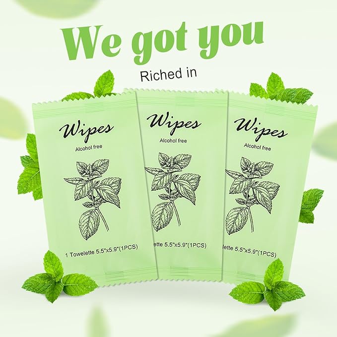 Individual Hand Wipes Wet Wipes Travel Size,Wet Wipes Individually Wrapped Bulk Cleansing Travel Size Wipes for Wedding Travel Restaurant Barbecue (1 Count (Pack of 60), Mint)