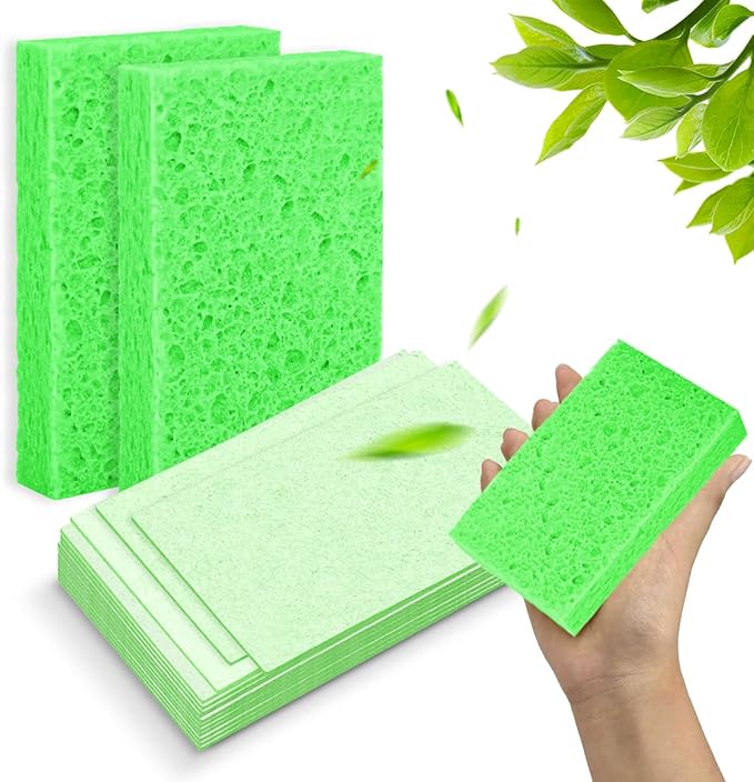 12 - Pack Non-Scratch Scrub Sponges - Sponges for Dishes and Washing Dishes, Cleaning Sponges for Kitchen Home Bathroom Cars, Funny Cut-Outs DIY for Kids (Green)