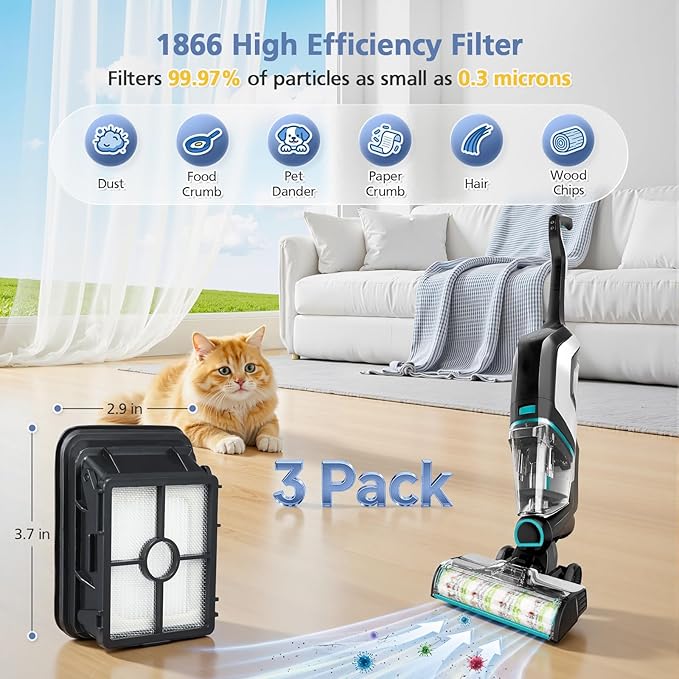 3 Pack Multi-Surface Pet Brush Rolls 2788 and Vacuum Filters 1866 Compatible with Bissell CrossWave Max 2554 2554A 2590 2593 2596, for HydroSteam 35151 3515 35152 3513 3518, Part 1618641&1608684