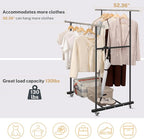 VICERII Clothes Rack, Double Clothing Rack with Wheels and Extra Wide Bottom Shelf, 52.36’’ Heavy Duty Garment Racks for Hanging Clothes, Coats, Shirts, Skirts, Dresses, 130LB Capacity, Black