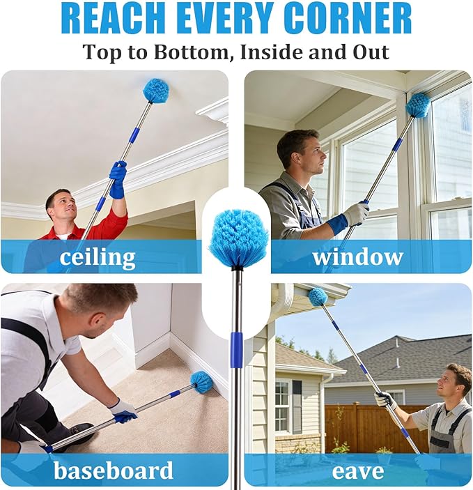 Cobweb Duster with Extension Pole, 10 FT Long Duster for High Ceilings, Walls, Medium Stiff Bristles Cobweb Brush with Lightweight Stainless Steel Pole for Outdoor Indoor Cleaning