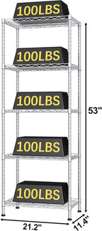 HOMEFORT 5-Shelving Unit, Adjustable Wire Shelving, Metal Wire Shelf Rack Organizer for Kitchen, Pantry, Closet, Bathroom, Laundry,Sliver,21" W x 11" D x 53" H