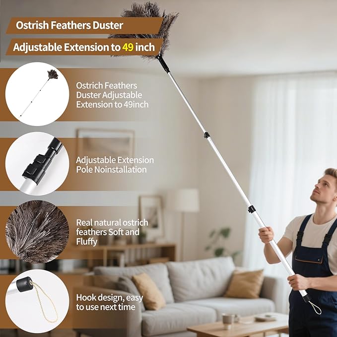 Extendable Ostrich Feather Duster up to 25-49 inches Fluffy Feathers Long Handle Reusable for Cleaning Ceiling Fan Pendant lamp Feather Duster 1pcs