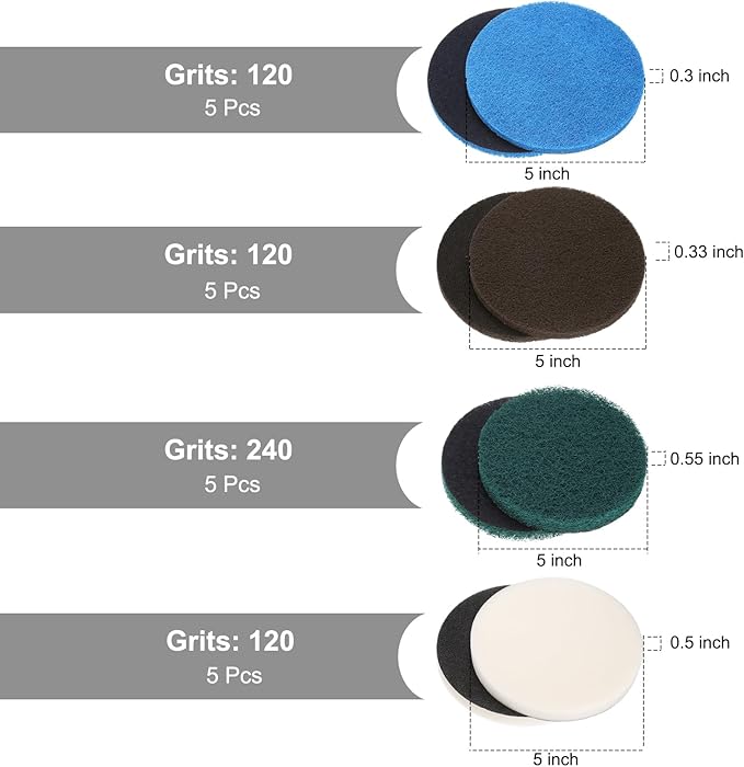 uxcell 16 Pcs 5 Inch Nylon Hoop Scrubbing Pad 120/240 Grits Scrubber Scouring Pads Hoop and Loop Surface Conditioning Drill Scuffing Disc, Green/Brown/Blue/White