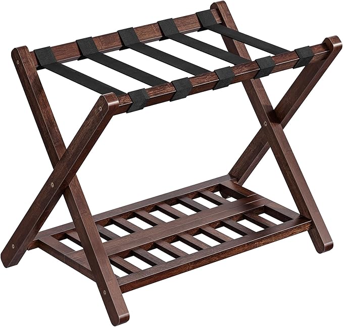 HOOBRO Luggage Rack, Bamboo Suitcase Stand, Folding Luggage Holder, Nylon Strap Support Top, for Guest Room, Hotel, Bedroom, Closet, Dark Brown BR18XL01