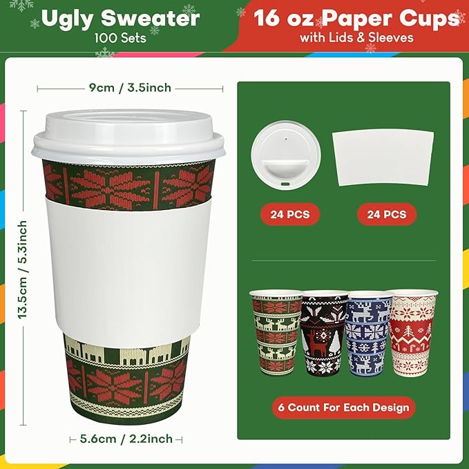 Christmas Disposable Cups 16 oz Paper Cups, 100 Sets Paper Coffee Cups with lids for Coffee/Tea/Water/Juice, Ugly Sweater Paper Cups for Hot & Cold Beverages, Party & Holiday Supply 100pcs