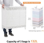 Laundry Hamper with 3 Removable Liner Bags; 132L Handwoven Rattan Laundry Basket with Lid & Heightened Feet; Clothes Hamper with Side Handles; Laundry Sorter with 3 Separate Sections (White)