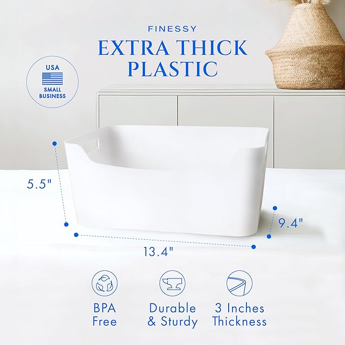 FINESSY White Plastic Storage Bins for Shelves, Small Closet Kitchen Storage Containers for Pantry Bathroom Office Organization Baskets, Cabinet Organizing Containers, White Organizer Bins for Shelves