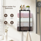 Towel Racks for Bathroom Towel Holder with Shelf & 6 Hooks Wall Mounted Towel Storage Rack for Rolled Towels Organizer, Sturdy Metal Towel Shelf, Black