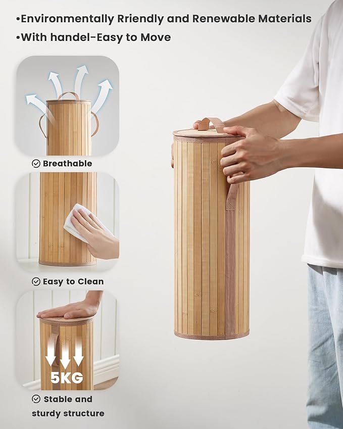 Bamboo Toilet Paper Storage Basket with Lid & Handle - 10L Handwoven Bathroom Organizer for 4 Rolls - Sturdy Stand Holder for Toilet Paper Organization, Natural