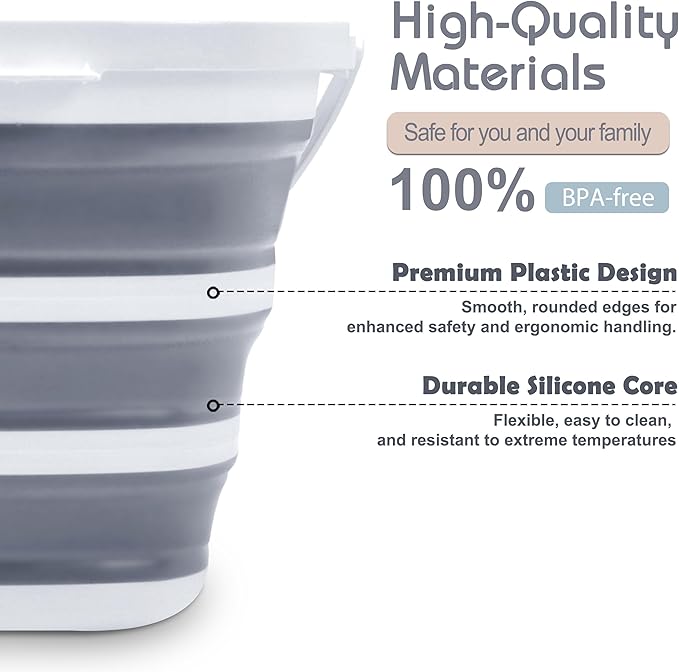 Collapsible Bucket, 2.6 Gallon (10L) - Square Foldable Mop Bucket for House Cleaning, Car Washing, Camping - Portable Water Pail for Outdoor, RV, Travel (Grey)