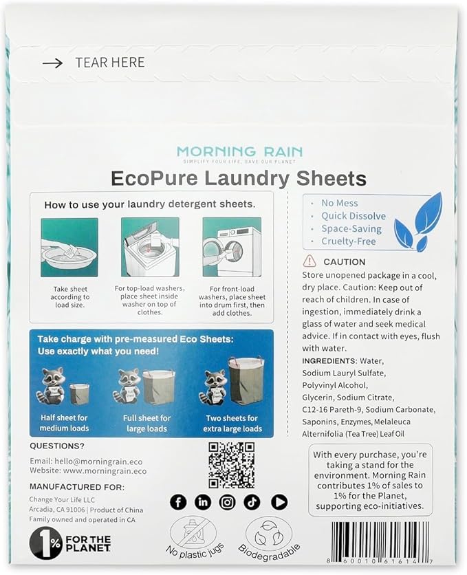 MorningRain Eco Laundry Detergent Sheets - Ingredients from Finland, Unscented, Bio-Enzyme Formula, Power Clean, 5 Sheets (Up to 10 Loads) - Non-Toxic, Preservative-Free, Skin Safe, Designed in USA
