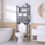 Cozivolife Over The Toilet Storage with 2 Baskets, 4-Tier Bamboo Organizer Rack with Paper Holder & 4 Hooks & Waterproof Feet Pad,Freestanding Shelf for Bathroom(Grey)
