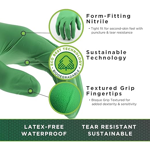 SHOWA 6110PF Sustainable EBT Latex-Free, Powder-Free, Nitrile Disposable Single Use Safety Gloves, 4 Mil, 9.5" Length, X-Large (1 Box)