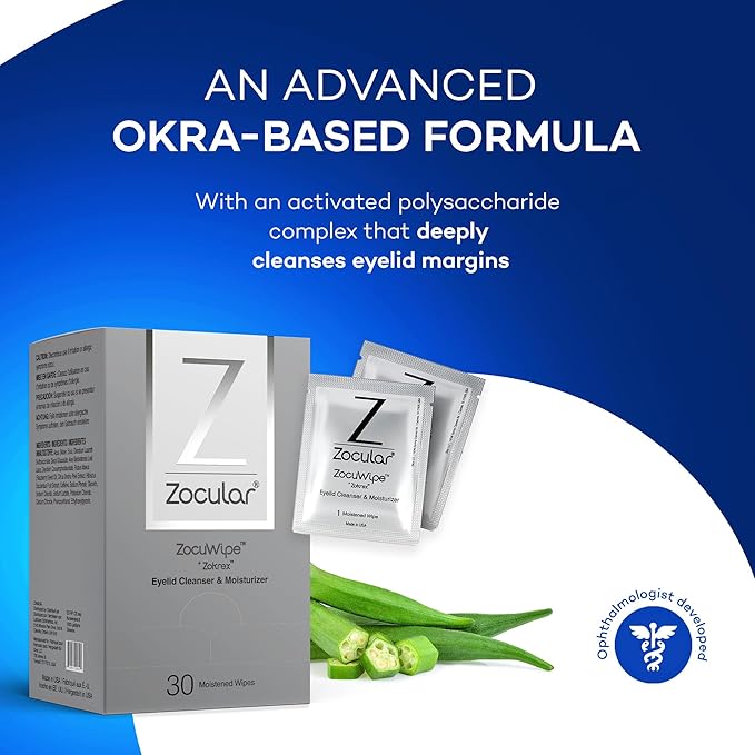 Zocular - Zocuwipe Eyelid Wipes with Natural Okra Complex - Eyelid Cleanser and Moisturizer Pads - Eyelid Cleansing Wipes - Blepharitis Treatment - 15ct