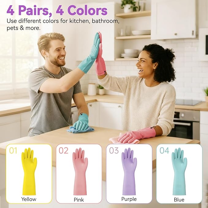 Dishwashing Rubber Gloves for Cleaning – 4 Pairs Kitchen Gloves with Handing Hooks Washing Dishes Household Glove - Large