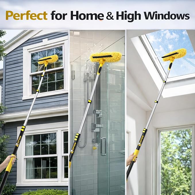 24FT High Reach Window Squeegee with Extension Pole, 2-1 Window Washing Kit with 5-Stage Telescopic Pole & Rotatable Head, No-Ladder Window Cleaner for High Window, Solar Panel, RV & Outdoor Glass