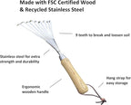 Garden Guru Eco Hand Rake Soil Tiller- 100% Recycled Stainless Steel - Rust Resistant - FSC Certified Wood Ergonomic Handle - Great for Gardening, Loosening Soil & Spreading Mulch - 1 Case (40 Pcs)