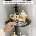 shuang qing 360° Rotating Corner Shower Caddy Tension Pole Organizer - 4-Tier Adjustable Rustproof Metal Pole, Plastic Shelves with Safety Guardrail, Bathroom Storage for Shower & Bathtub(Black)