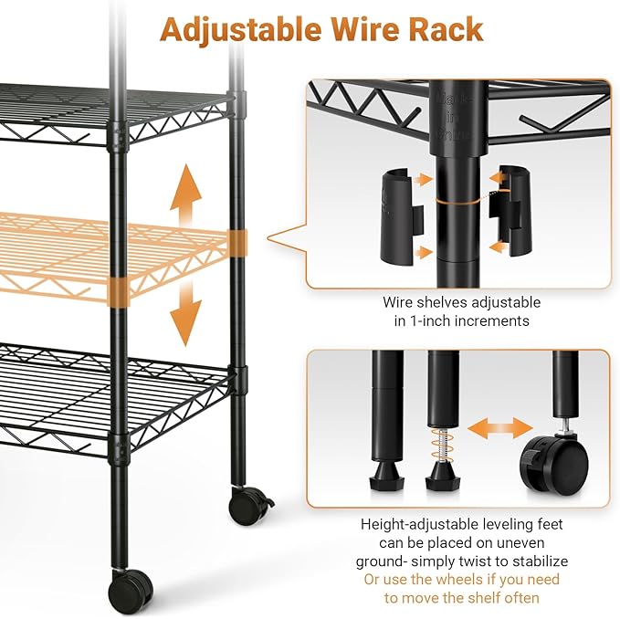 HealSmart Heavy Duty 5-Shelf Storage Shelving Unit, 1250lbs Loading Capacity, 29.92" D x 13.98" W x 62.99" H Adjustable Steel Organizer Wire Rack, Black