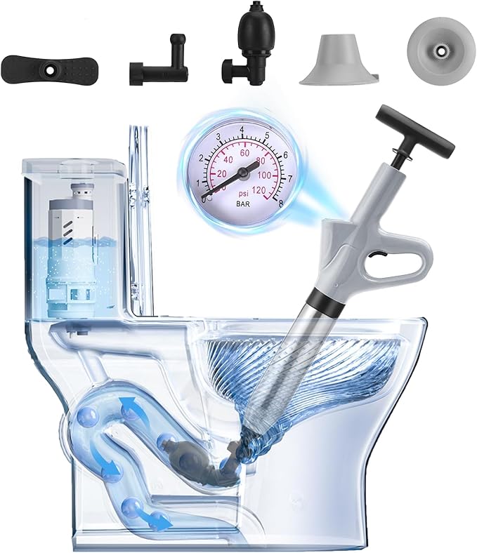 Air Plunger for Drain, High Pressure Air Drain Blaster with Visual Barometer Stainless Steel Toilet Clog Remover Toilet Unclogger Plungers for Bathroom, Toilets, Sink, Kitchen (Gray)