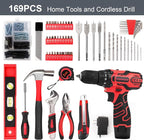 COMOWARE 12V Cordless Drill Set, 169Pcs Hand Tool Set with Cordless Drill Driver, Complete Repair Tool Kit for Men, Storage Bag, Ideal for Office, Garden, Dorm and DIY Project