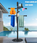 Pool Outdoor Towel Rack, 6 Bars with Top Tray Metal Heavy Duty Pool Accessories with Heavy Metal Base, Hot Tub Accessories Towel Dying Rack Towel Stand for Pool, Hot Tub etc