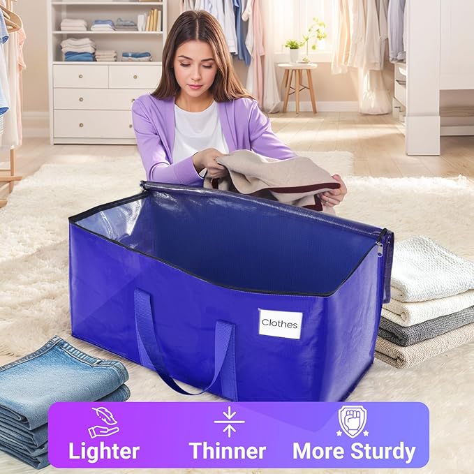 FabSpace 10Pack Moving Storage Bags, Moving Supplies Packing Boxes for Moving, Camping, College Dorm Room Essentials for Girls, Blue Tote Bags, 93L Heavy-Duty Storage Bins With Lids And Zippers