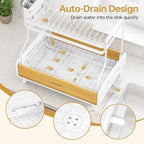 Urackify 2-Tier Dish Drying Rack, Large Stainless Steel & Bamboo Dish Rack for Kitchen Counter, Dish Drainers with Adjustable Automatic Spout, Drying Rack Kitchen with Utensil Holder, White
