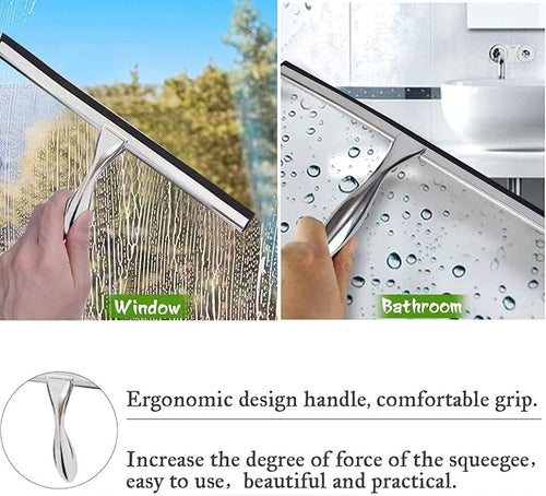 12 Inch Squeegee for Shower, Shower Squeegee with Suction Cup Hooks, for Glass Door Marble Mirror Bathroom, Chrome Plated Stainless Steel Deluxe Car Window Home Kitchen Tile Scraper