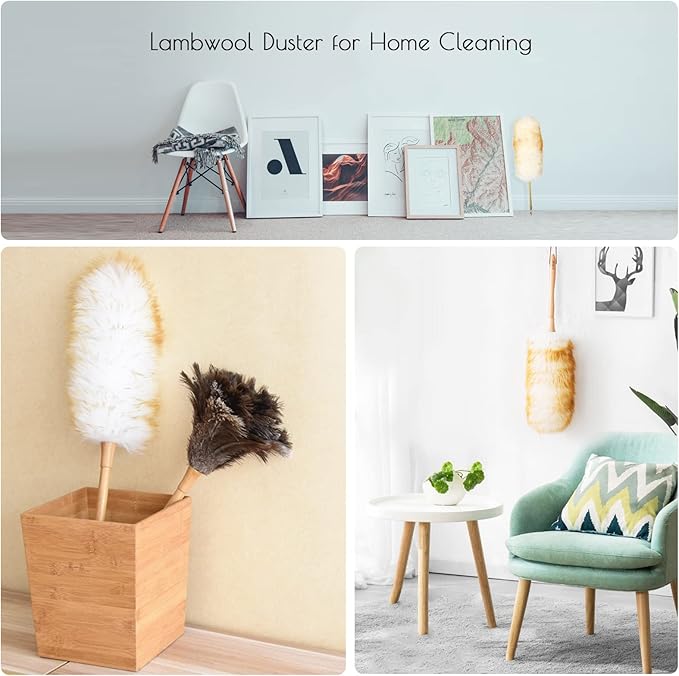Lambswool Duster 14'' Length Solid Wooden Handle Leather Hang Strap for Cleaning Ceiling Fans Window Blinds Computer Furniture Figurines TV Natural Feather Duster,Yellow+White